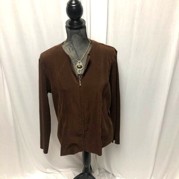 Sag Harbor Jacket Women Size 16P Brown Zippered Faux Suede Comfy Sweater Sleeves - Picture 1 of 6